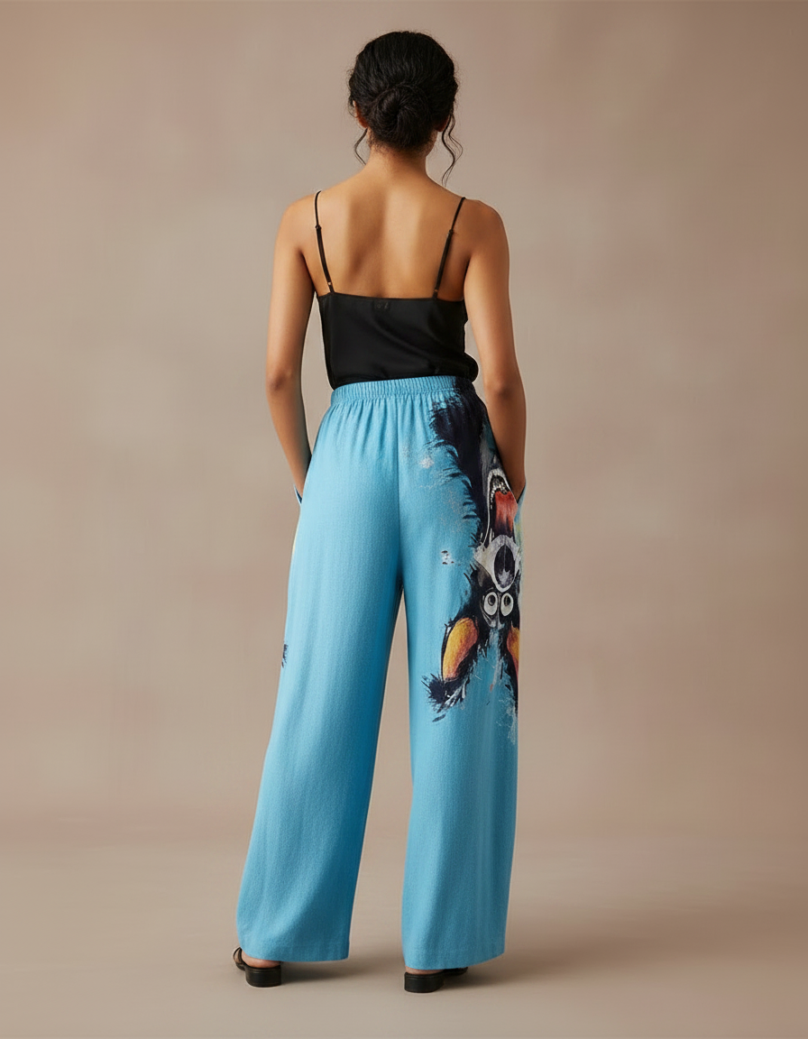 Pantalon Fluide Bleu Ample Imprimé Chiens Coloré Décontracté - Viscose - vue 2