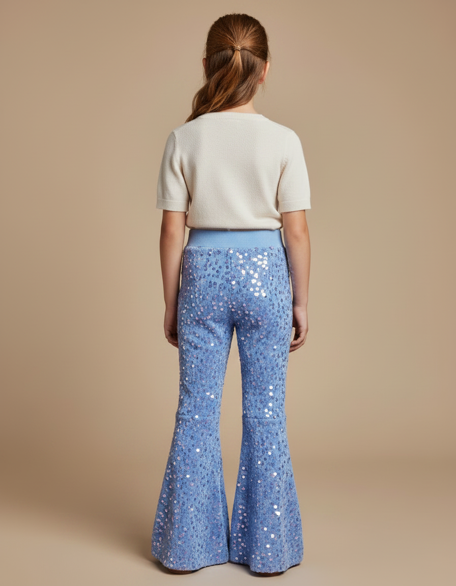 Pantalon Fluide Bleu Paillettes Évasé Confortable Brillant - Maille - vue 2