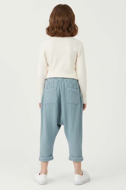 Pantalon Fluide Bleu Ciel Plissé Ample Coton Enfant - vue 2