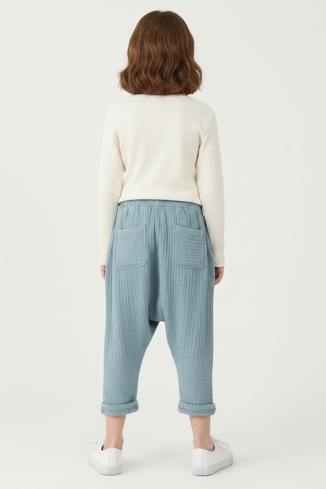 Pantalon Fluide Bleu Ciel Plissé Ample Coton Enfant - vue 2