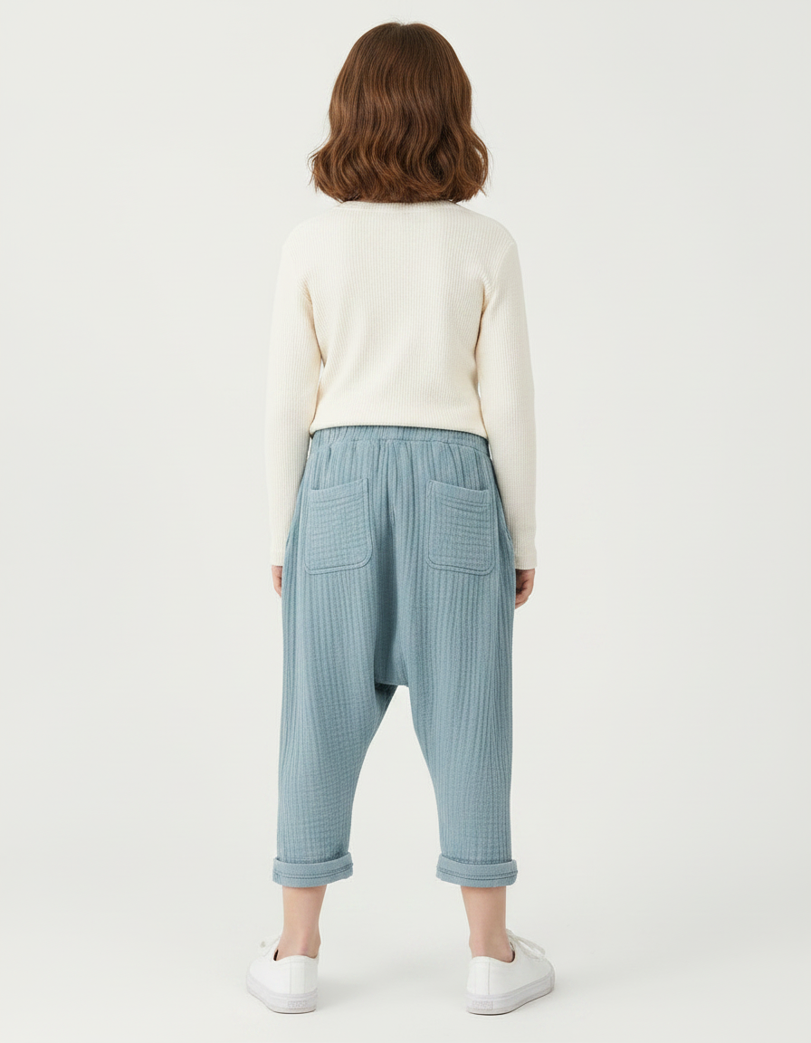 Pantalon Fluide Bleu Ciel Plissé Ample Coton Enfant - vue 2