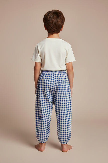 Pantalon Fluide Carreaux Bleus Ample Coton Enfant - vue 2