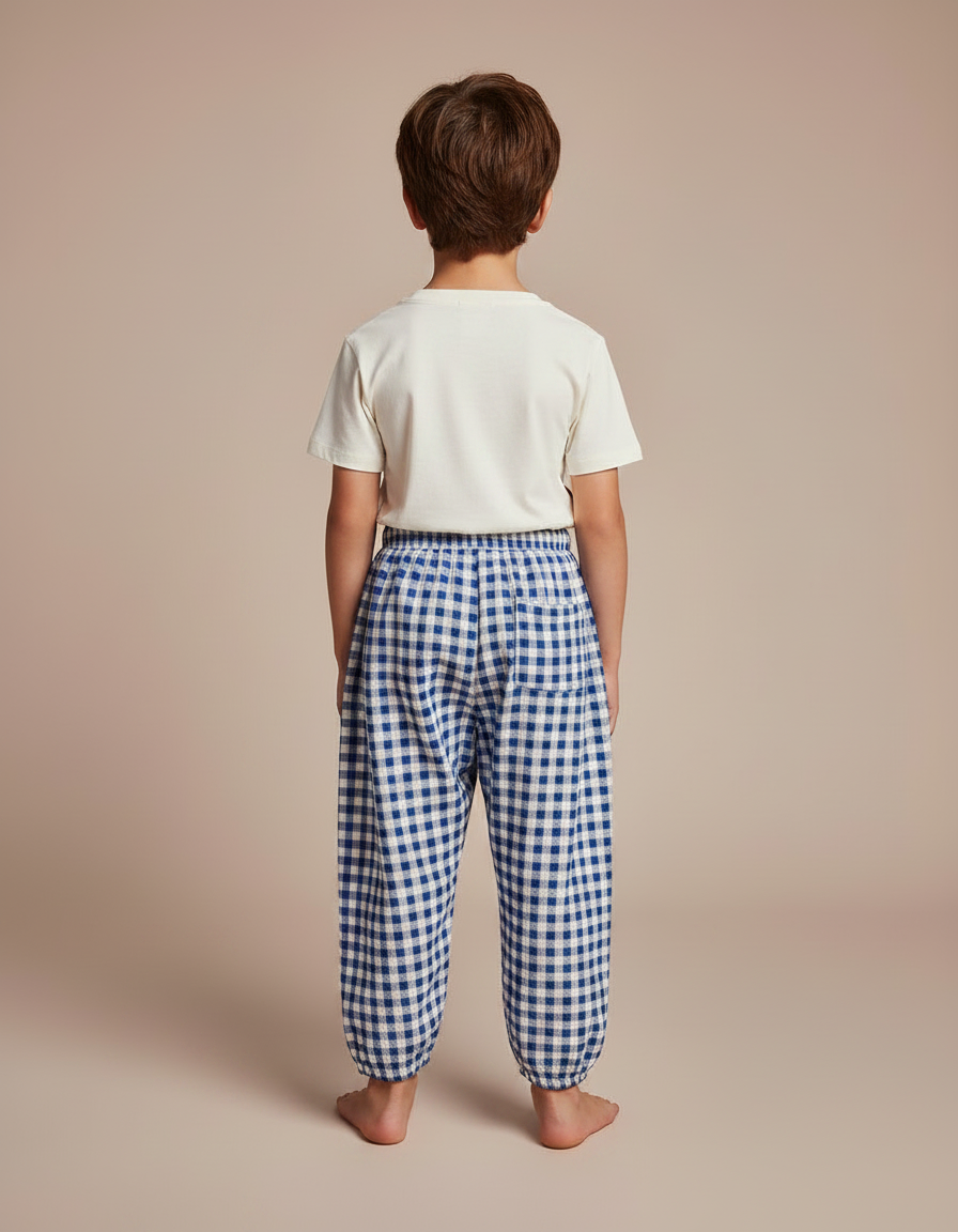 Pantalon Fluide Carreaux Bleus Ample Coton Enfant - vue 2