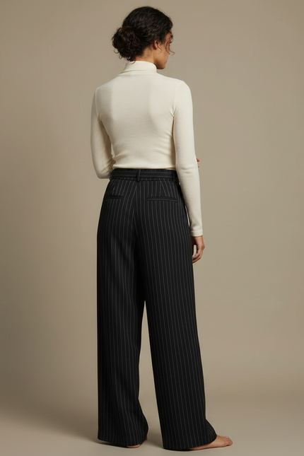 Pantalon Fluide Noir Rayé Ample Taille Haute Élégant - Polyester - vue 2