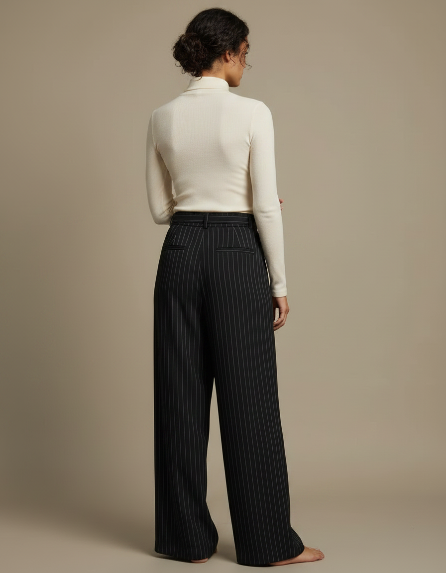 Pantalon Fluide Noir Rayé Ample Taille Haute Élégant - Polyester - vue 2