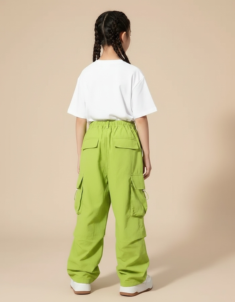 Pantalon Fluide Vert Ample Cargo Streetwear Enfant - Polyester - vue 2