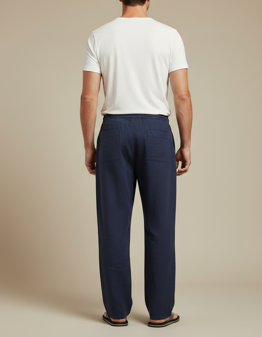 Pantalon Fluide Bleu Marine Ample Lin Décontracté Homme - vue 2