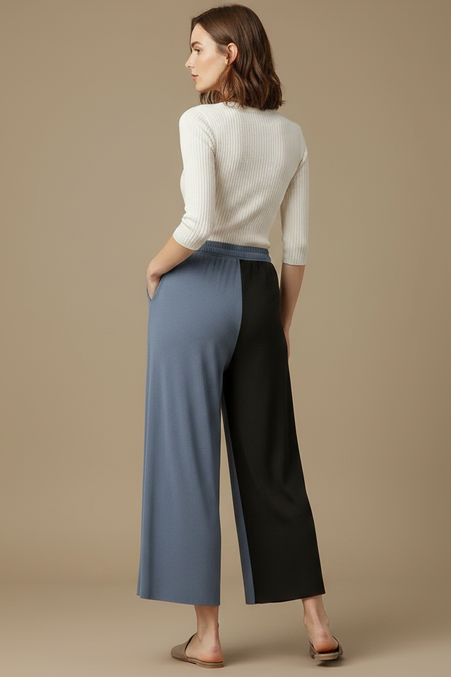 Pantalon Fluide Bicolore Ample Cordon Doux Décontracté - Bleu Viscose - vue 2