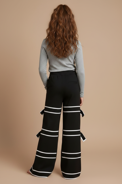 Pantalon Fluide Noir Fendu Nœuds Blanches Ample - Molleton - vue 2