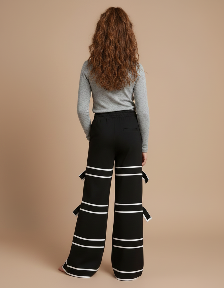 Pantalon Fluide Noir Fendu Nœuds Blanches Ample - Molleton - vue 2