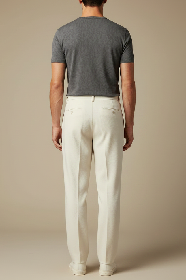 Pantalon Fluide Crème Laine Droit Formel Homme Élégant - Beige - vue 2
