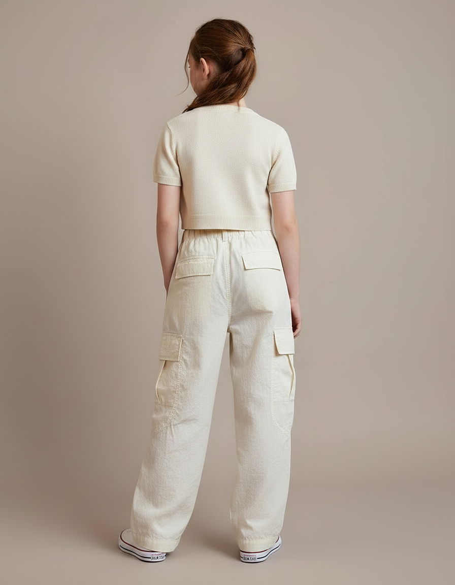 Pantalon Fluide Beige Ample Cargo Multi-Poches Enfant - Lin - vue 2