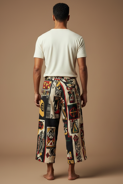 Pantalon Fluide Ethnique Ample Motif Tribal Coloré Homme - Multicolore Lin - vue 2