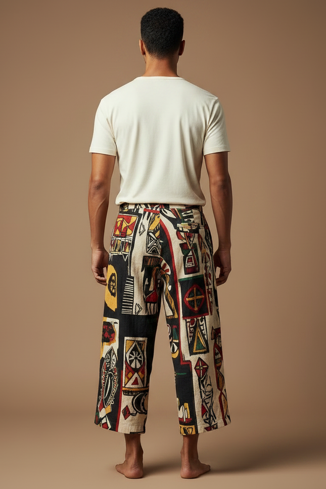 Pantalon Fluide Ethnique Ample Motif Tribal Coloré Homme - Multicolore Lin - vue 2