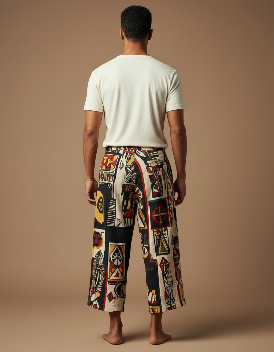 Pantalon Fluide Ethnique Ample Motif Tribal Coloré Homme - Multicolore Lin - vue 2