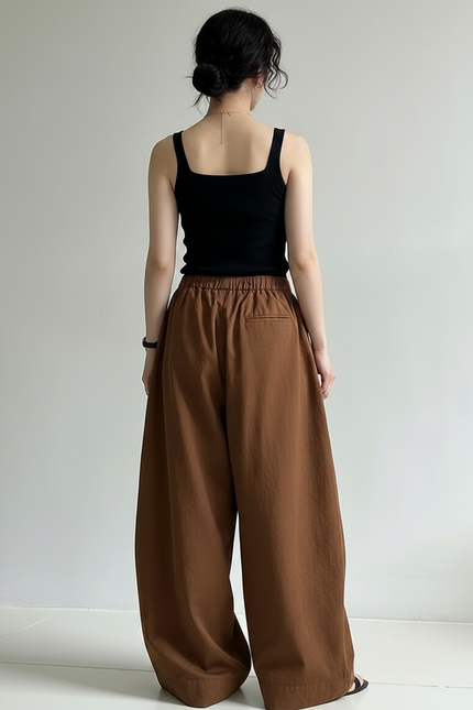 Pantalon Fluide Camel Ample Taille Haute Femme - Toile - vue 2