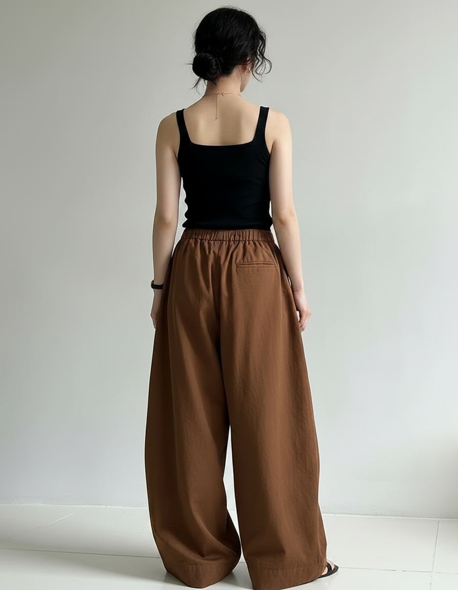 Pantalon Fluide Camel Ample Taille Haute Femme - Toile - vue 2