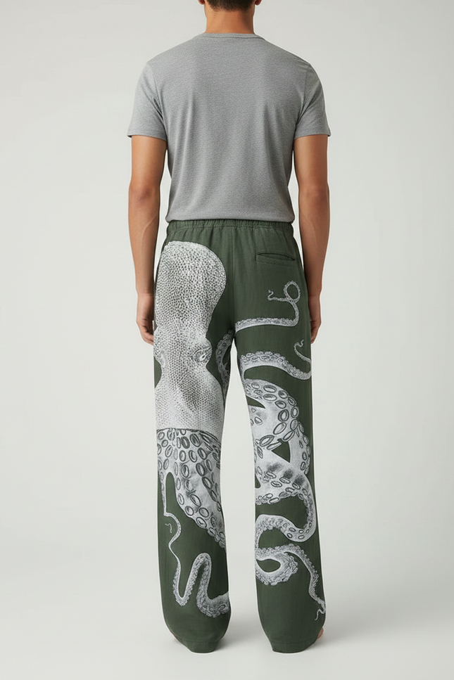 Pantalon Fluide Vert Poulpe Imprimé Ample Homme - Kaki Lin - vue 2