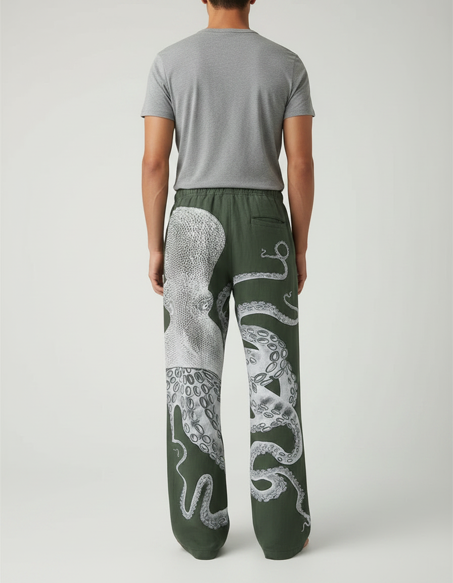 Pantalon Fluide Vert Poulpe Imprimé Ample Homme - Kaki Lin - vue 2