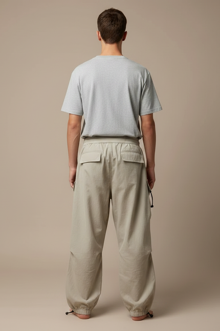 Pantalon Fluide Cargo Beige Ample Cordon Streetwear - Polyester - vue 2