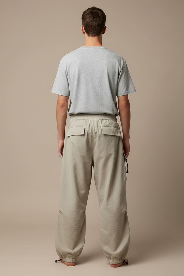 Pantalon Fluide Cargo Beige Ample Cordon Streetwear - Polyester - vue 2