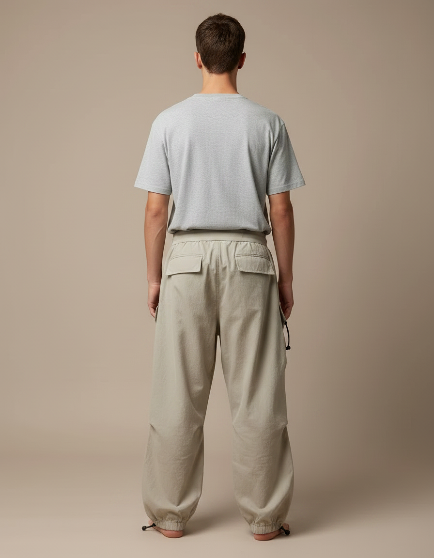 Pantalon Fluide Cargo Beige Ample Cordon Streetwear - Polyester - vue 2
