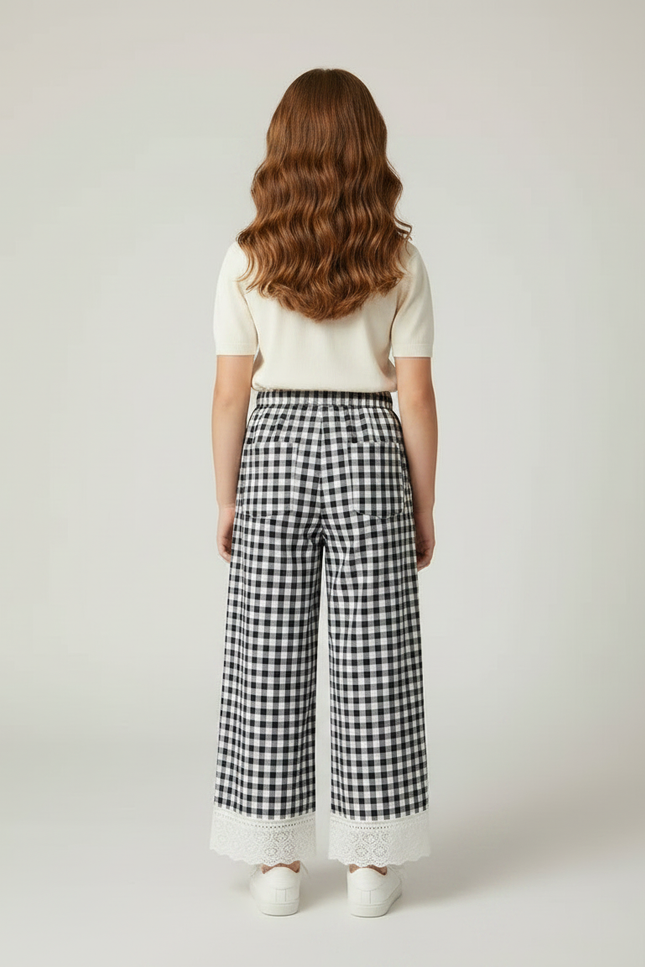 Pantalon Fluide Carreaux Vichy Noir Blanc Ample Enfant - Imprimé Coton - vue 2