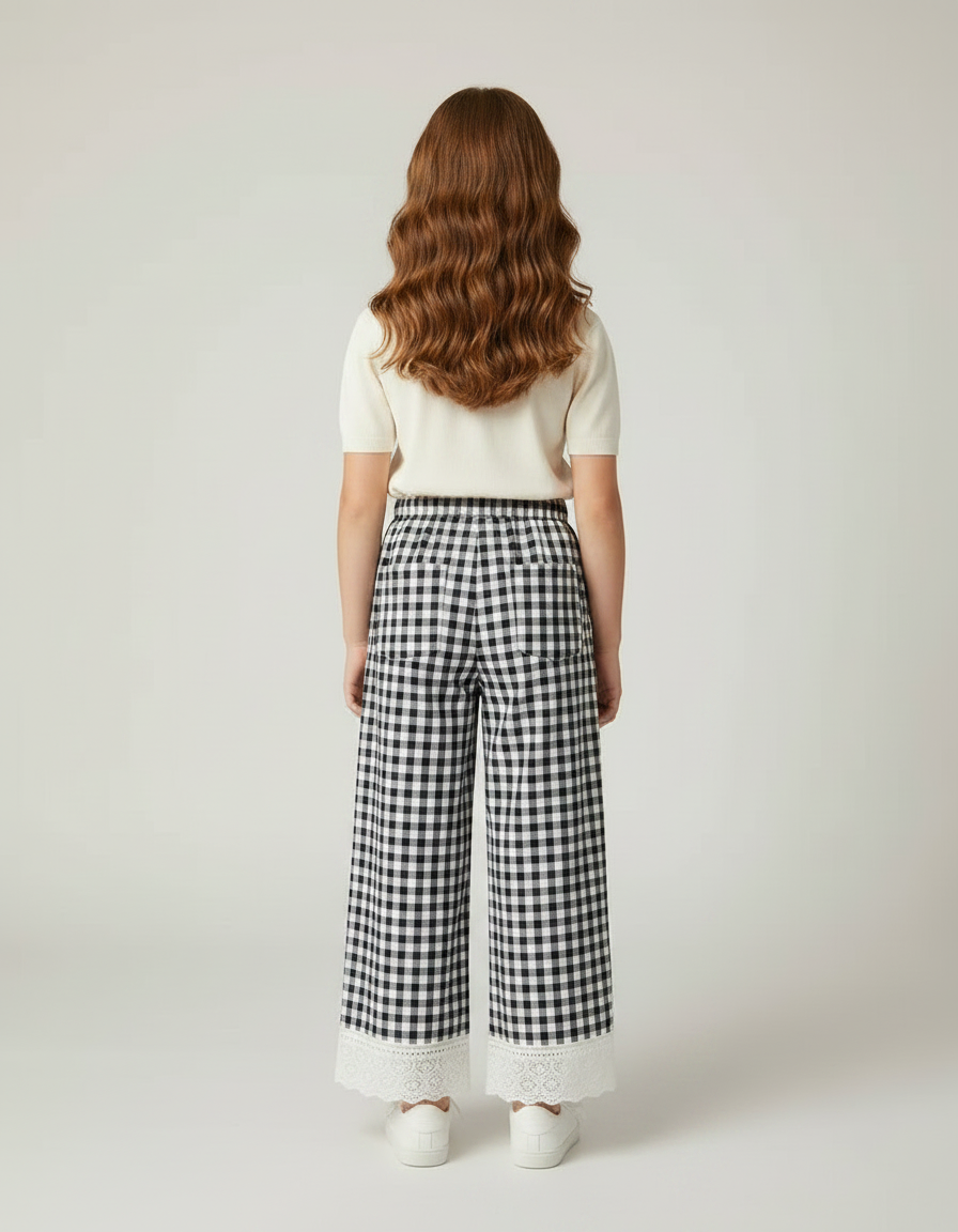 Pantalon Fluide Carreaux Vichy Noir Blanc Ample Enfant - Imprimé Coton - vue 2