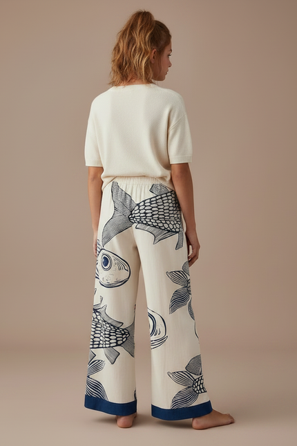 Pantalon Fluide Blanc Imprimé Poissons Ample Décontracté - Viscose - vue 2