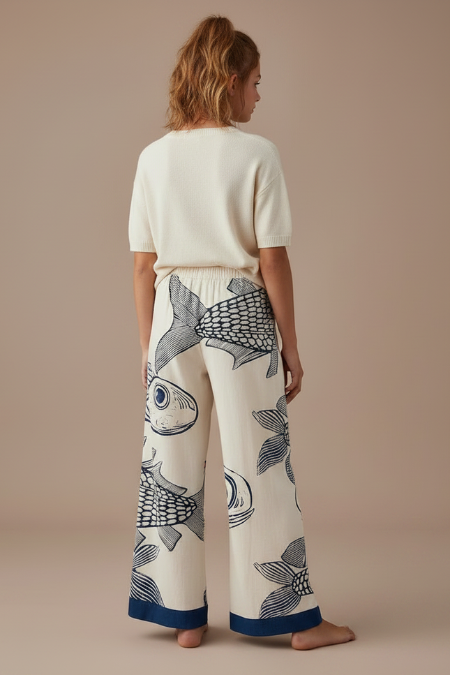 Pantalon Fluide Blanc Imprimé Poissons Ample Décontracté - Viscose - vue 2
