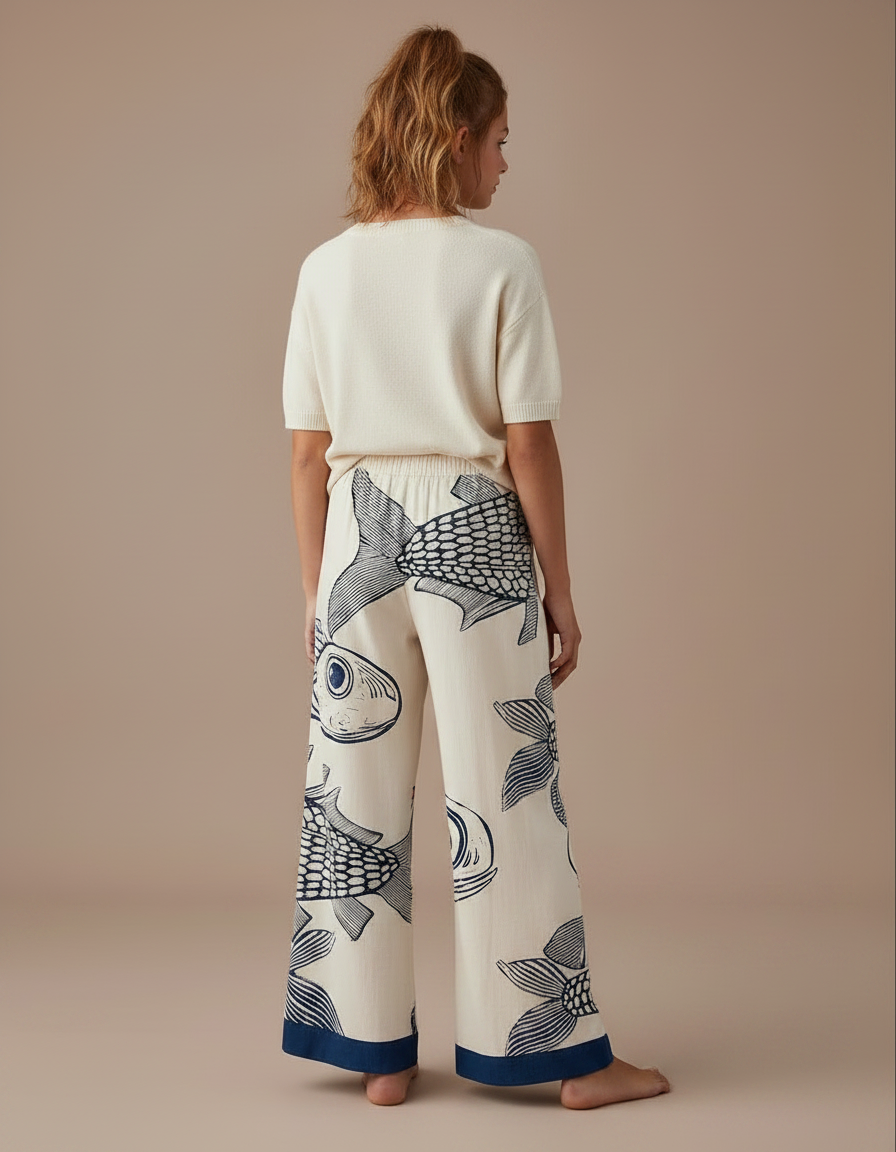 Pantalon Fluide Blanc Imprimé Poissons Ample Décontracté - Viscose - vue 2