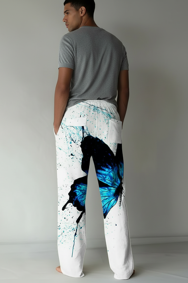 Pantalon Fluide Blanc Imprimé Papillon Bleu Décontracté Homme - Viscose - vue 2