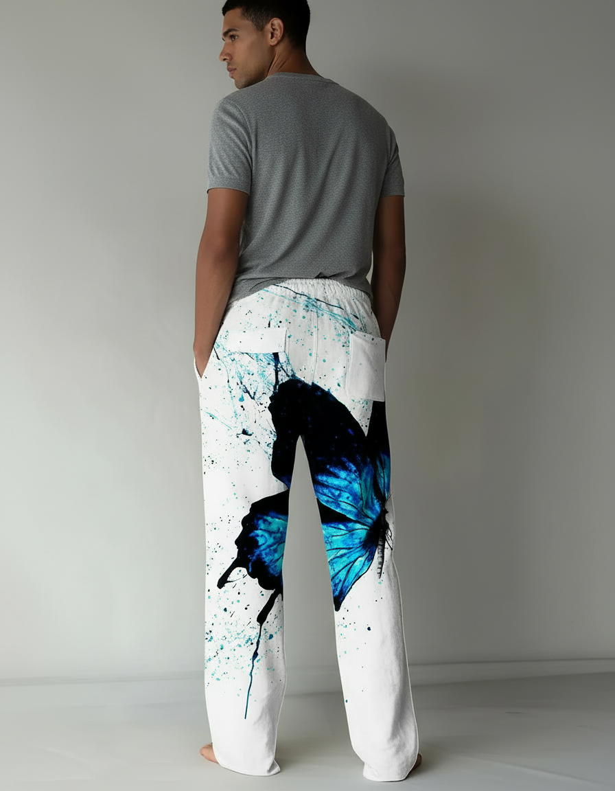 Pantalon Fluide Blanc Imprimé Papillon Bleu Décontracté Homme - Viscose - vue 2