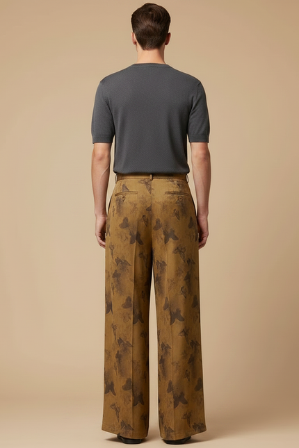 Pantalon Fluide Imprimé Papillons Ample Taille Haute Marron - Viscose - vue 2