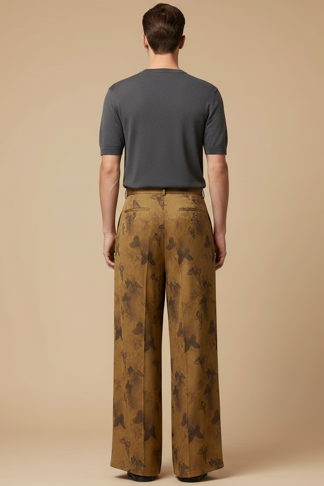 Pantalon Fluide Imprimé Papillons Ample Taille Haute Marron - Viscose - vue 2