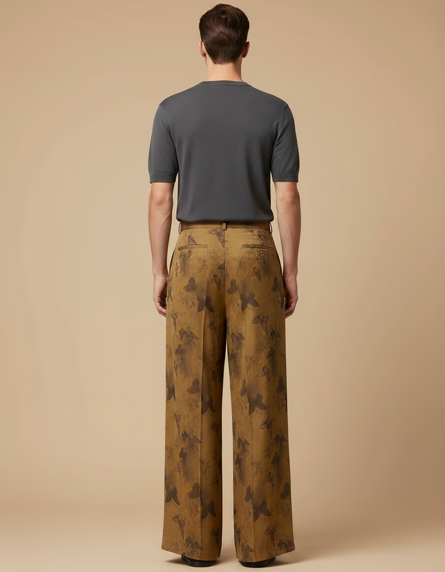 Pantalon Fluide Imprimé Papillons Ample Taille Haute Marron - Viscose - vue 2
