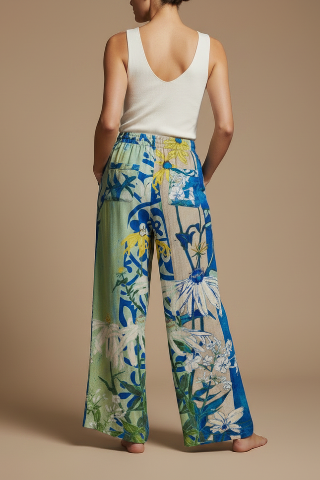 Pantalon Fluide Fleuri Vert - Lin - vue 2