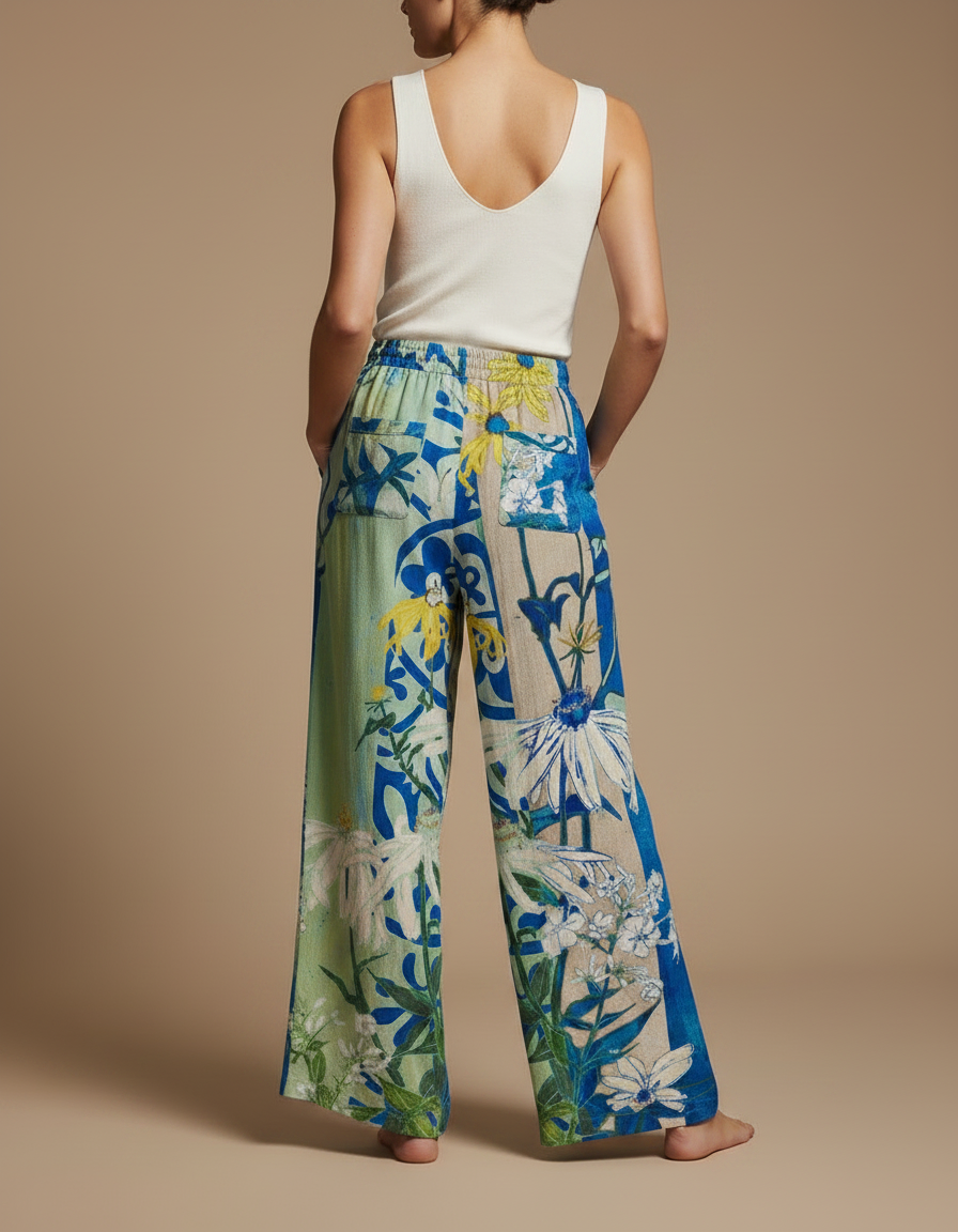 Pantalon Fluide Fleuri Vert - Lin - vue 2