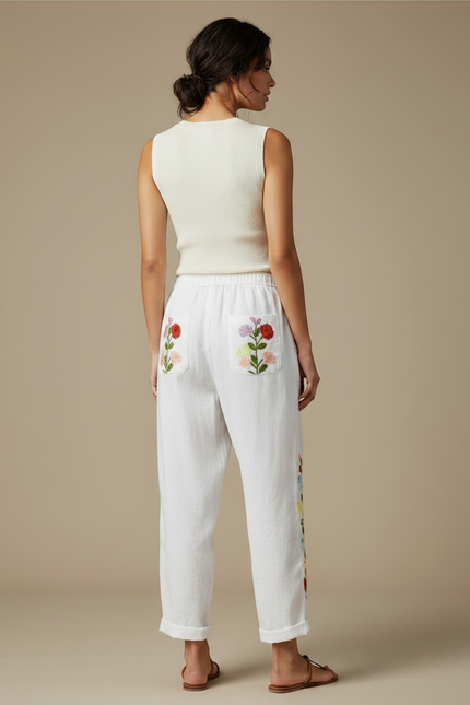 Pantalon Fluide Blanc Brodé Floral Ample Femme - Lin - vue 2