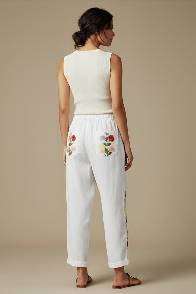 Pantalon Fluide Blanc Brodé Floral Ample Femme - Lin - vue 2