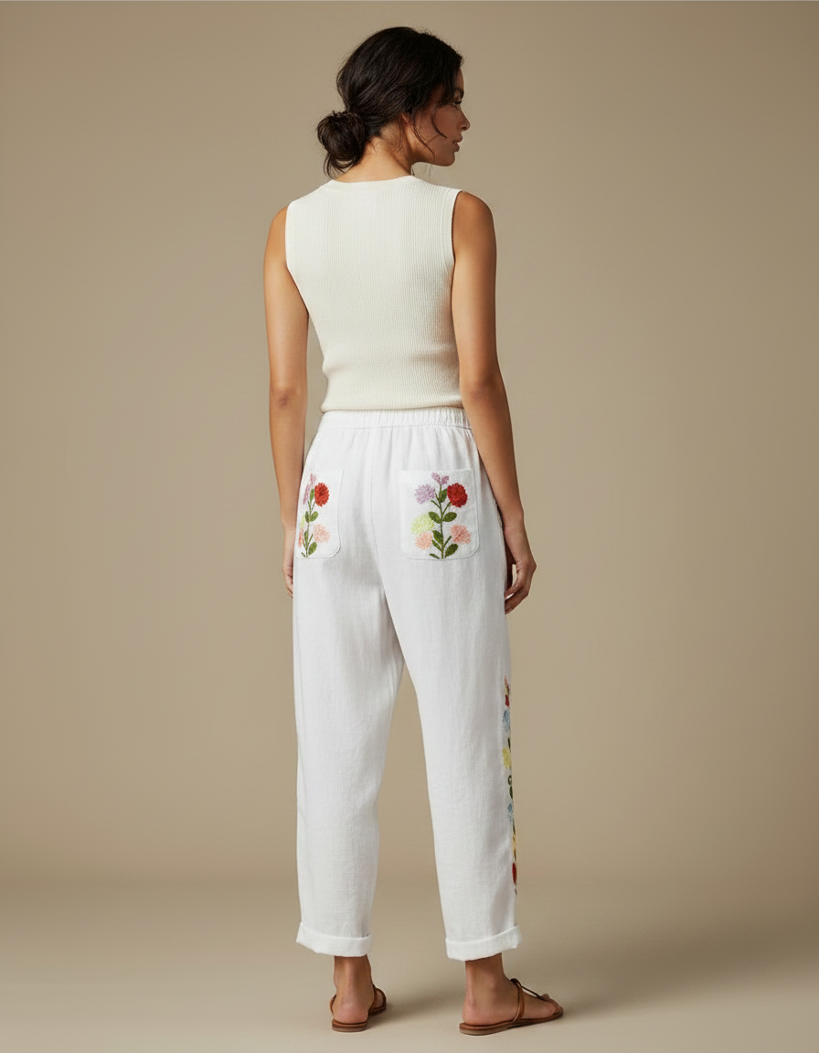 Pantalon Fluide Blanc Brodé Floral Ample Femme - Lin - vue 2
