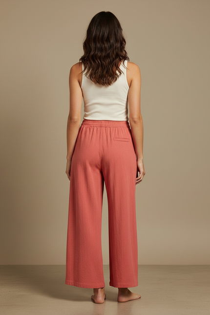 Pantalon Fluide Corail Ample Coton Texturé Décontracté - Orange - vue 2