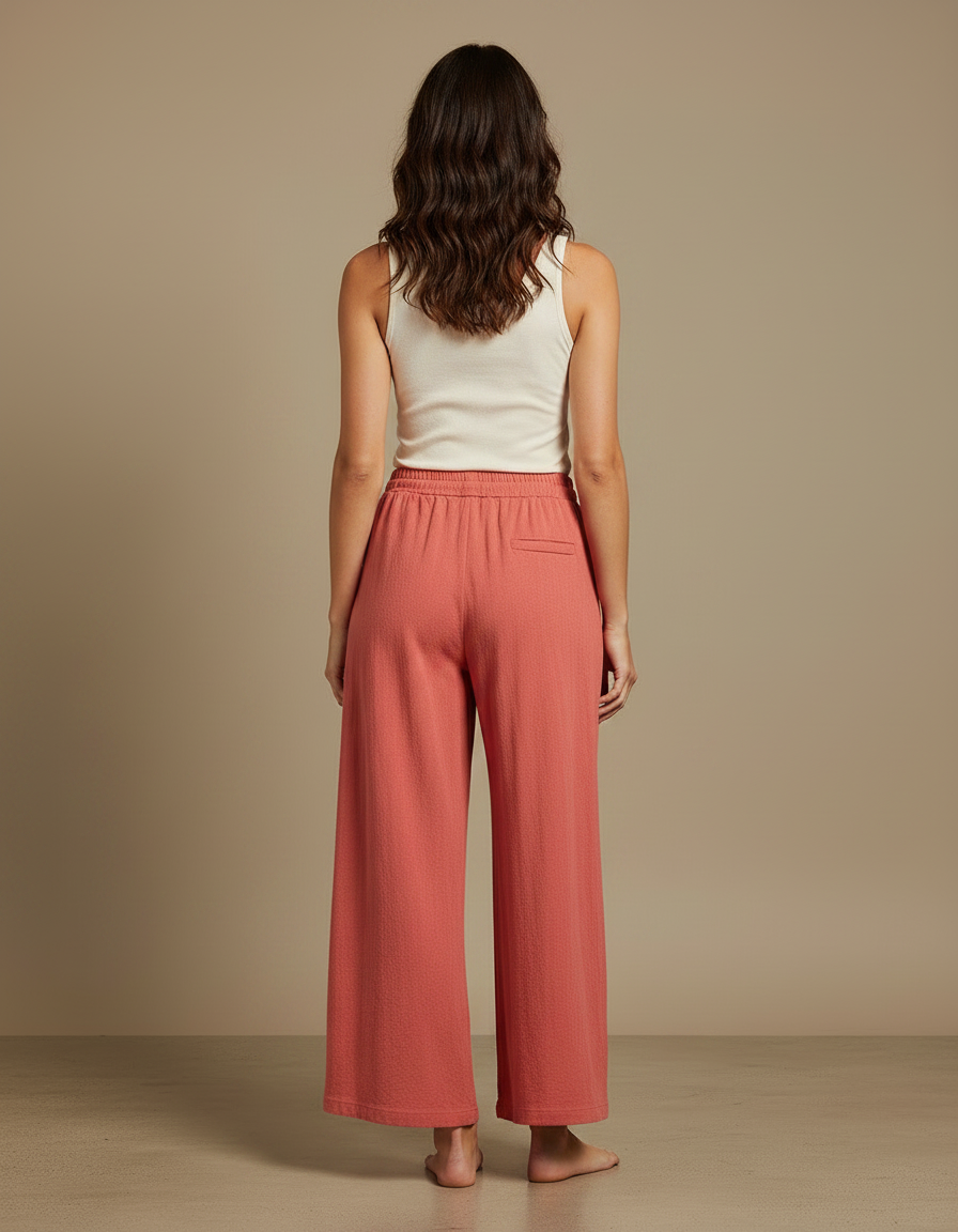 Pantalon Fluide Corail Ample Coton Texturé Décontracté - Orange - vue 2