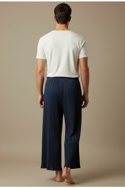 Pantalon Fluide Bleu Marine Plissé Ample Homme Décontracté - Polyester - vue 2