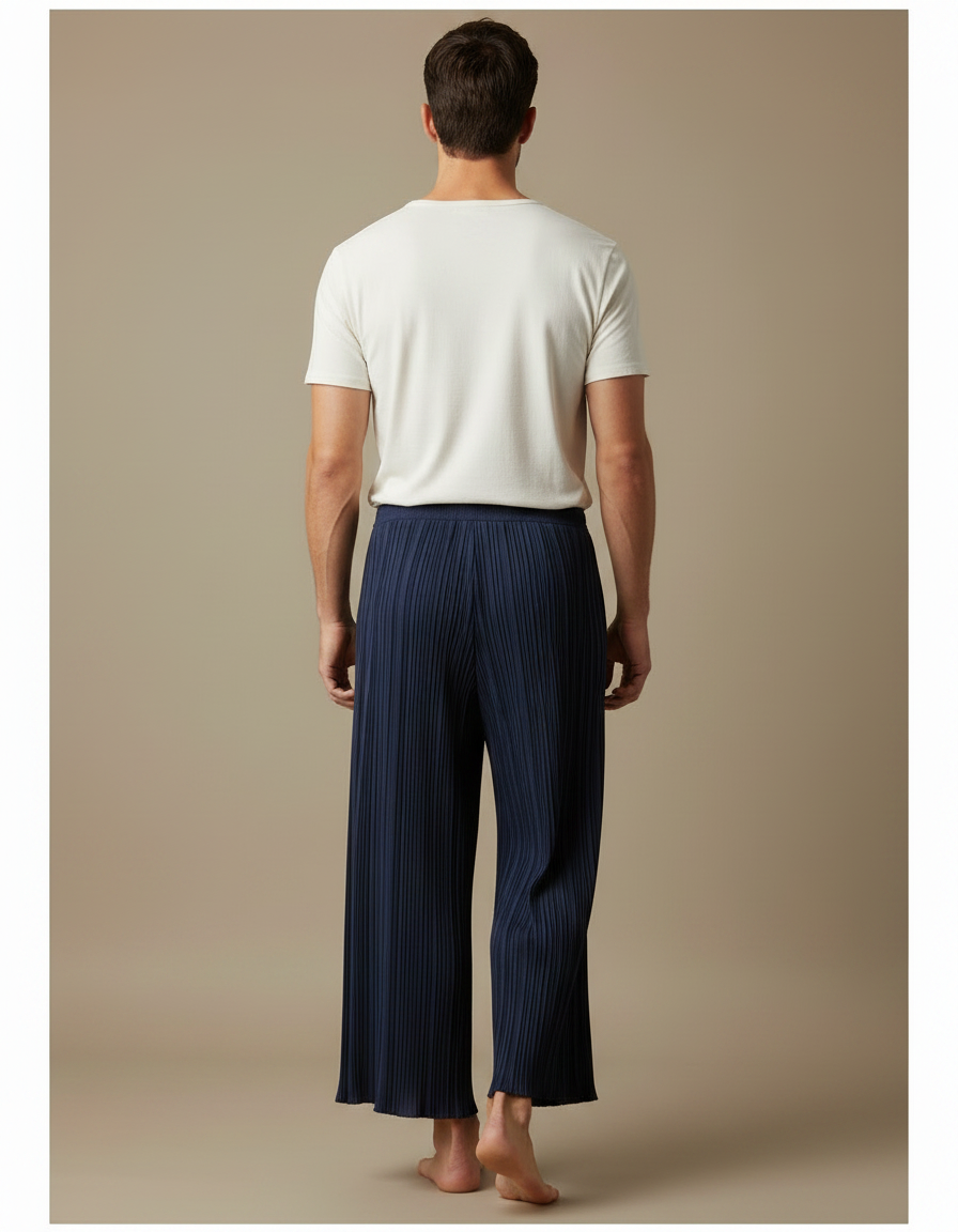 Pantalon Fluide Bleu Marine Plissé Ample Homme Décontracté - Polyester - vue 2
