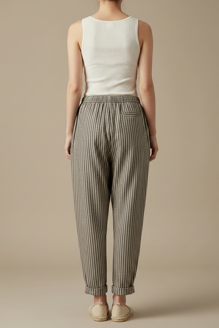 Pantalon Fluide Rayé Ample Lin Décontracté - Imprimé - vue 2