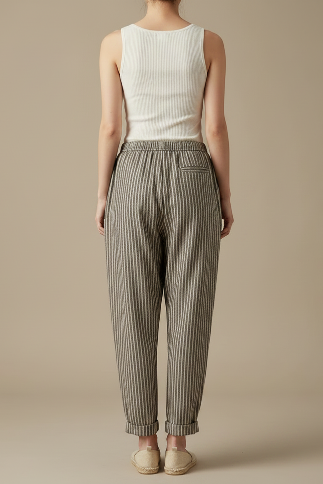 Pantalon Fluide Rayé Ample Lin Décontracté - Imprimé - vue 2