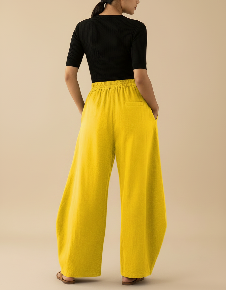 Pantalon Fluide Jaune Ample Imprimé Girafe Décontracté - Lin - vue 2