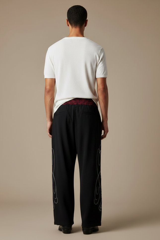 Pantalon Fluide Noir Ample Brodé Décontracté - Viscose - vue 2
