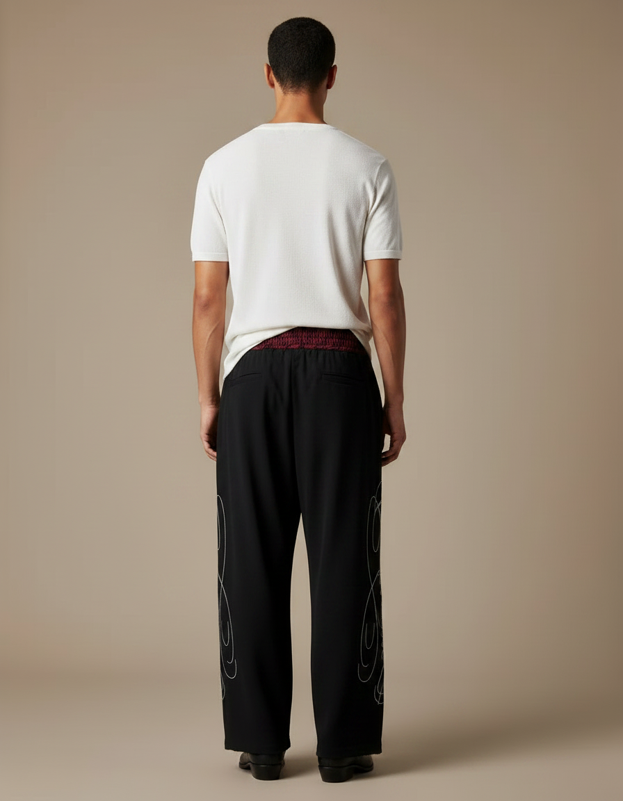 Pantalon Fluide Noir Ample Brodé Décontracté - Viscose - vue 2